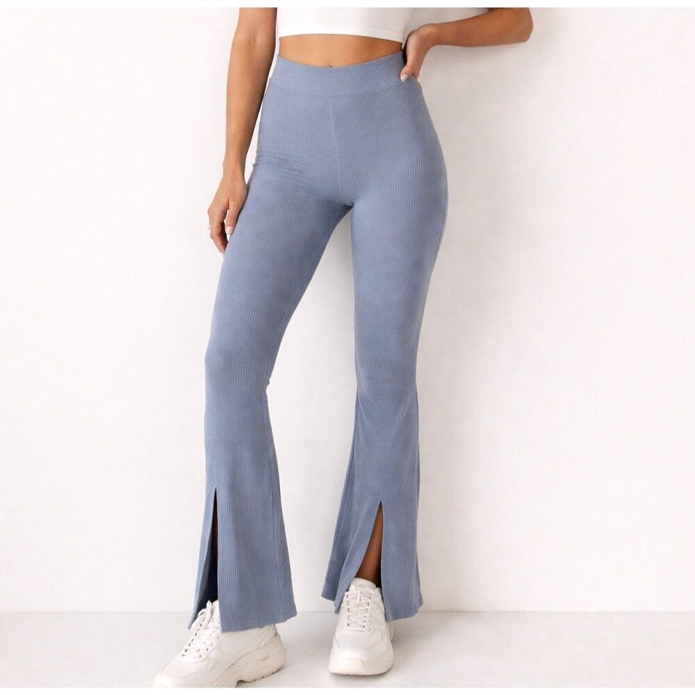 Abercrombie & Fitch Ribbed Split Hem Flare Leggings Pants Dusty Blue NWT - Small